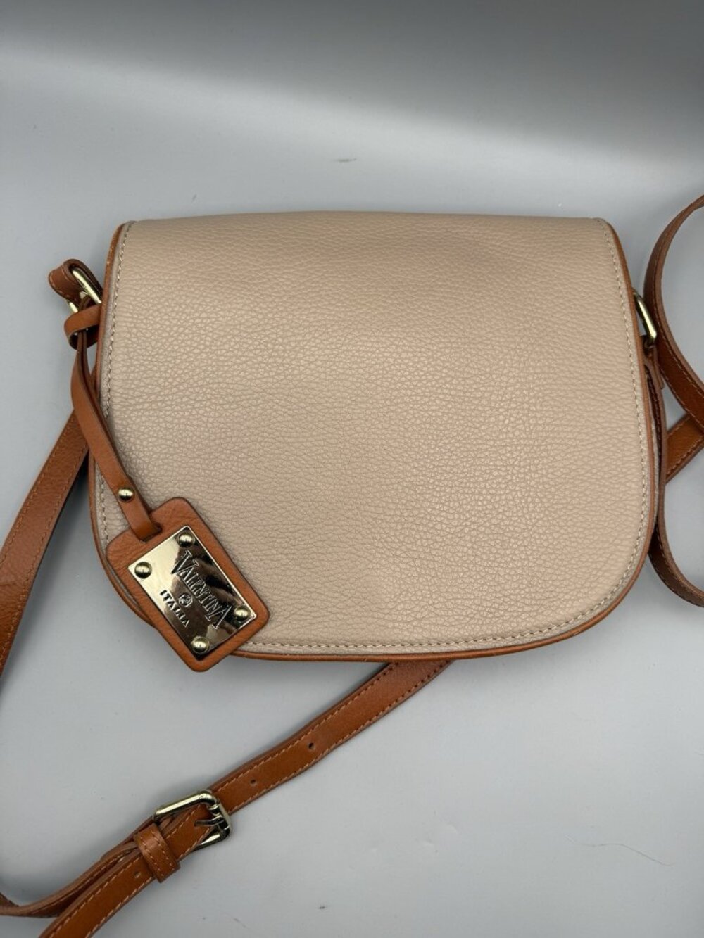 Valentina Made In Italy Pebbled Tan Italian Leather Crossbody Shoulder Bag Beige